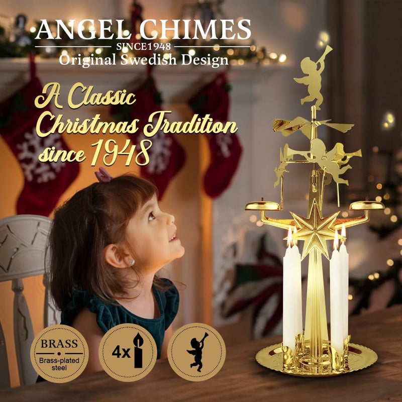 Angel Chimes Original Swedish Angel Chimes, Carousel and 4 Candles â€“ Scandinavian Spinning Festive Chimes for Christmas, Best Memorial Gift Since 1948, Home Decorations - Gold Brass - Image 2